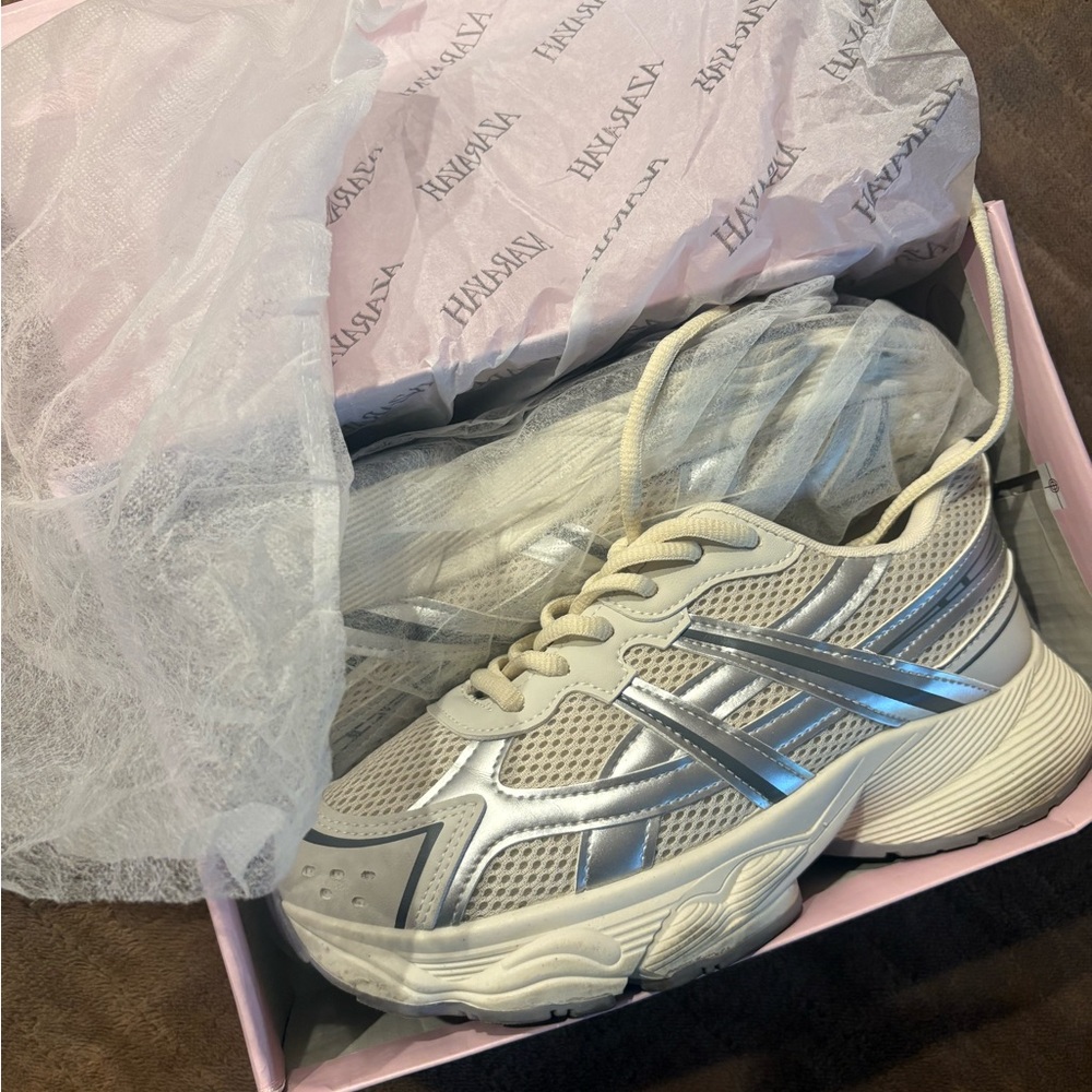 Fashion Nova Silver and White Mesh Athletic Sneakers